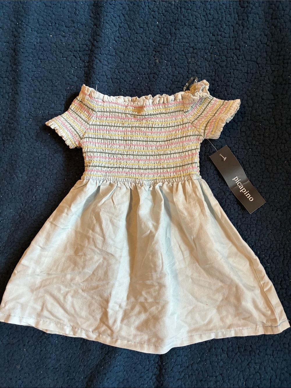 NWT Picapino Girls' Smocked Off-Shoulder Dress in Cream with Pastel Stripes